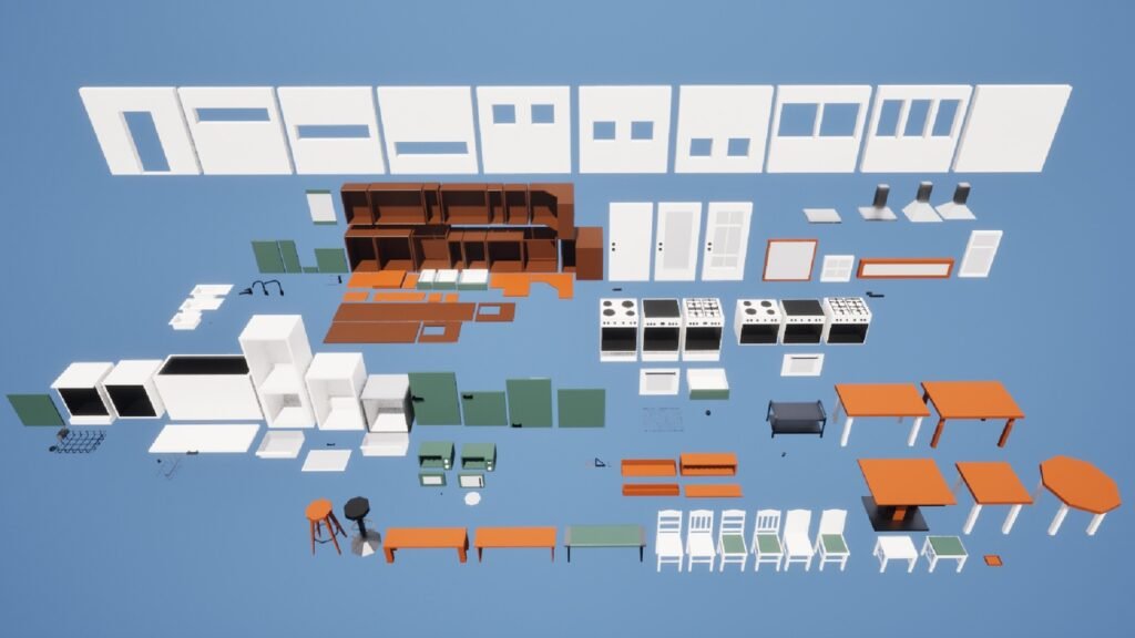 Seitenansicht aller modularen 3D-Modelle des Low Poly Küchen-Pakets, inklusive Tische, Stühle, Schränke und Küchengeräte für die Spielentwicklung.