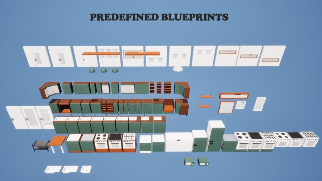 Übersicht aller 3D-Modelle aus dem Low Poly Küchen Game Asset Pack. Gezeigt werden Schränke, Herde, Fenster und weitere Assets für die Spielentwicklung.