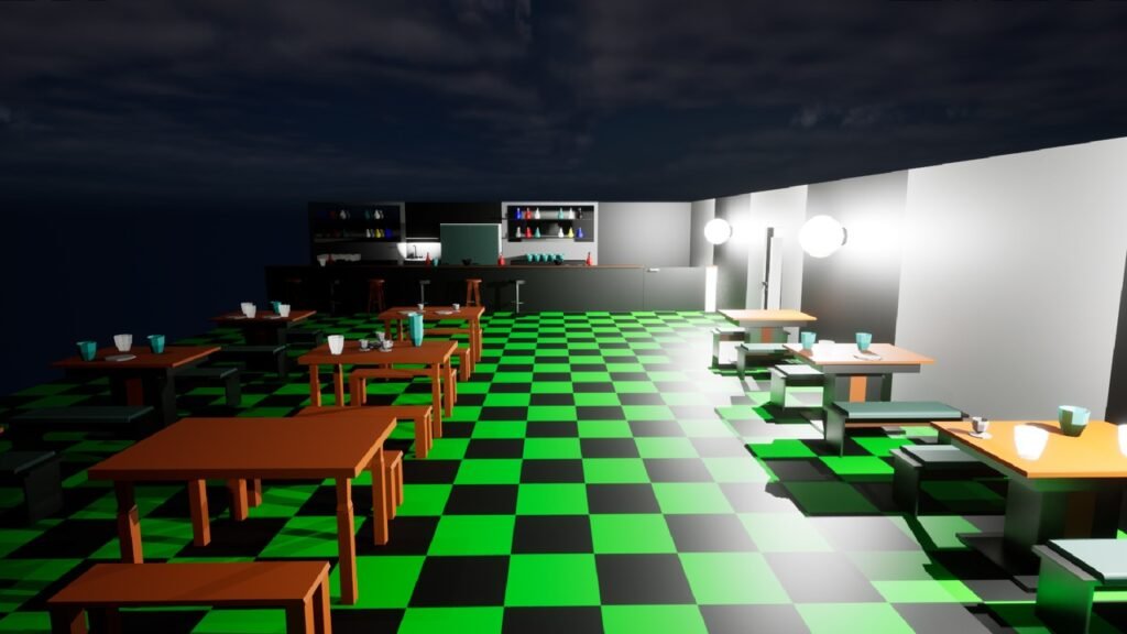 Beispiel-Szene eines Restaurants bei Nacht, erstellt mit dem Low Poly Kitchen Asset Pack. Zeigt Tische, eine Theke und stimmungsvolle Beleuchtung.