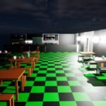 Beispiel-Szene eines Restaurants bei Nacht, erstellt mit dem Low Poly Kitchen Asset Pack. Zeigt Tische, eine Theke und stimmungsvolle Beleuchtung.