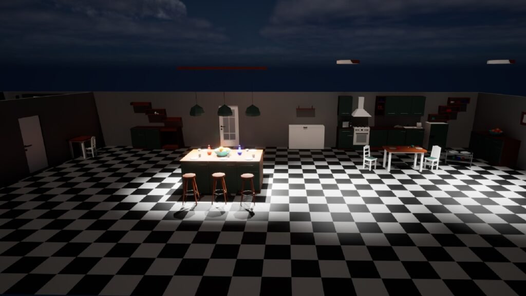 Große Low-Poly-Küche bei Nacht, erstellt mit Game Assets. Im Fokus steht eine beleuchtete Kücheninsel mit Hockern auf einem Schachbrettboden.