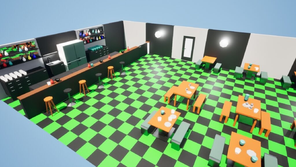 Helle Tag-Szene eines Low-Poly-Restaurants, erstellt mit dem Culinary Creations Game Asset Pack. Zeigt Tische, eine Theke und den grün-schwarzen Schachbrettboden.