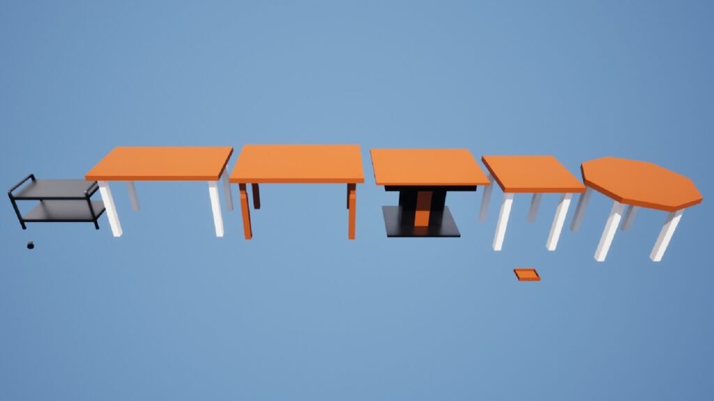 Verschiedene Low-Poly-Tische und ein Servierwagen aus dem Küchen-Asset-Pack. Zeigt rechteckige, quadratische und achteckige Tischmodelle.