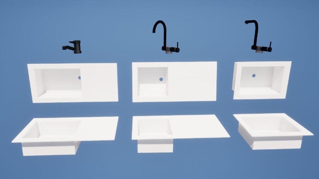 Auswahl an Low-Poly-Spülbecken und Wasserhähnen. Zeigt verschiedene Spülen- und Armaturen-Modelle als separate 3D-Assets für Spiele.