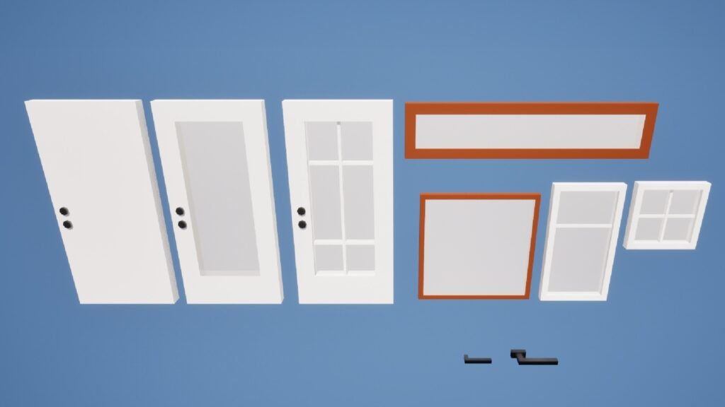 Auswahl an Low-Poly-Türen und Fenstern. Zeigt verschiedene Türblätter, Fensterrahmen und Türklinken als modulare 3D-Modelle.