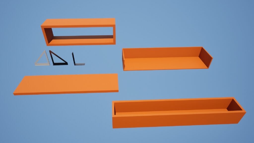 Modulare Low-Poly-Wandregale und Regalbretter. Zeigt verschiedene Regal-Typen und separate Halterungen als 3D-Modelle.