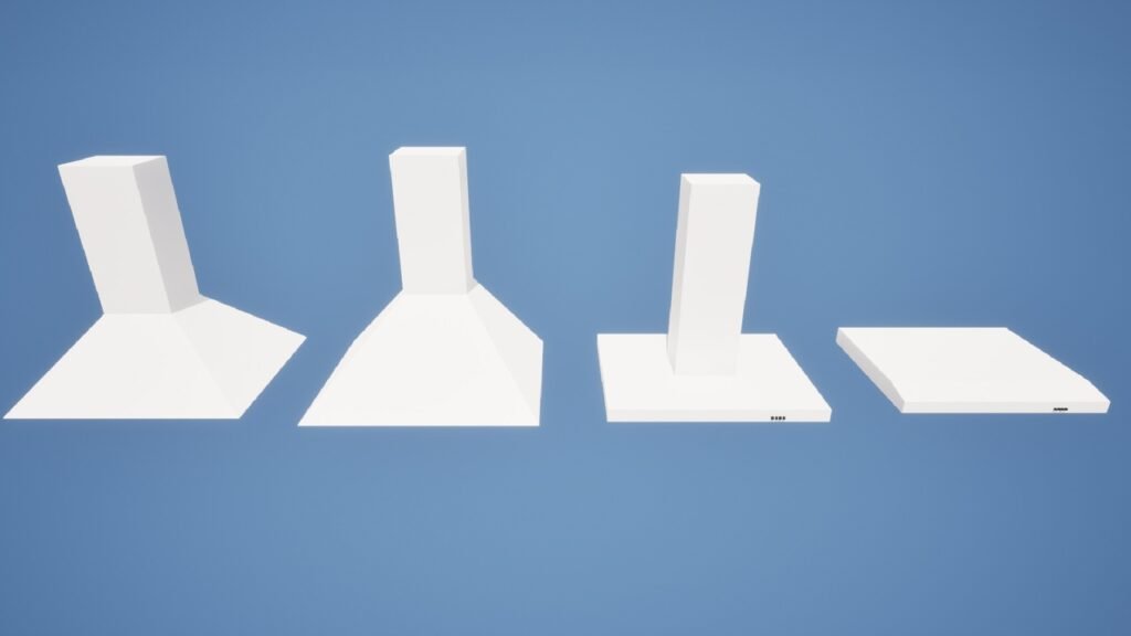 Vier verschiedene Modelle von Low-Poly-Dunstabzugshauben für Küchen. Zeigt unterschiedliche Bauformen als 3D-Assets für die Spielentwicklung.