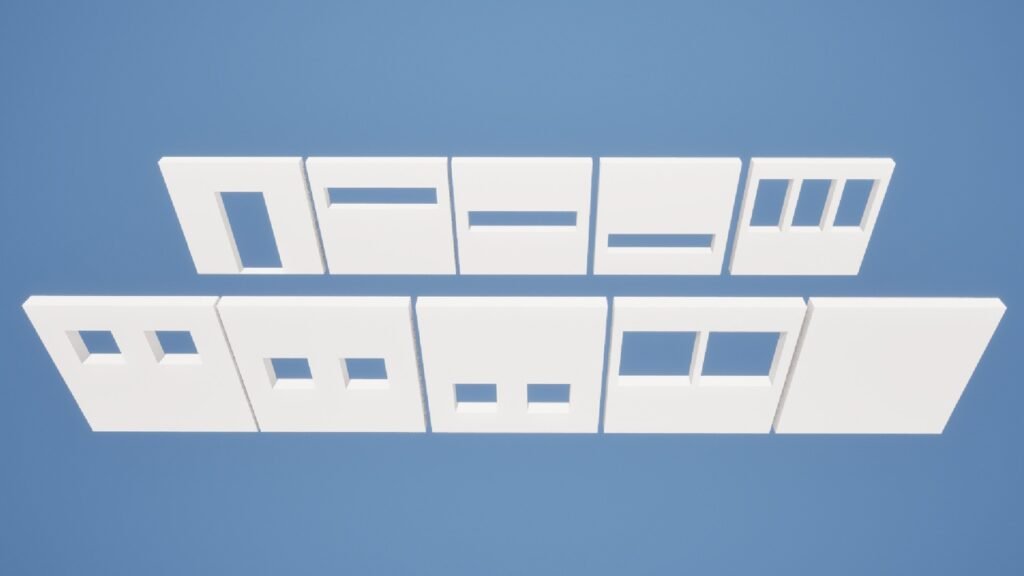 Modulare Low-Poly-Wand-Elemente mit verschiedenen Aussparungen für Türen und Fenster. Zeigt die Grundbausteine für Räume als 3D-Assets.