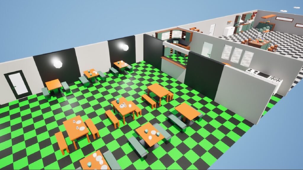 Großes Level-Design mit dem Low Poly Asset Pack, das einen Restaurant-Bereich und eine separate Profi-Küche in einer Gesamtansicht zeigt.