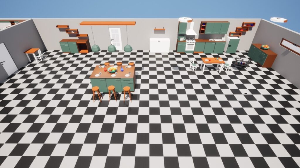 Helle und moderne Low-Poly-Küche bei Tageslicht. Die Szene zeigt eine zentrale Kücheninsel, Essbereich und Küchenzeile auf einem Schachbrettboden.