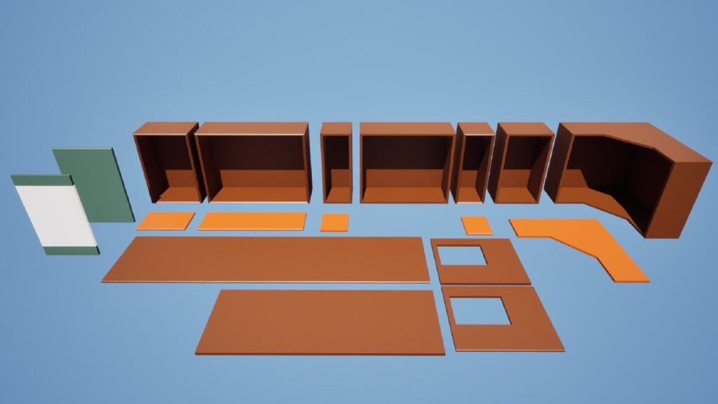 Modulares Baukasten-System für Low-Poly-Küchen. Zeigt einzelne Schrank-Module, Türen und Arbeitsplatten in verschiedenen Formen als 3D-Modelle.