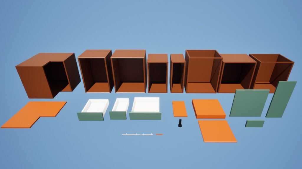Modulare Low-Poly-Küchenschränke mit separaten Schubladen und Türen. Zeigt die einzelnen 3D-Modelle der Schrank-Korpusse und Schubladen-Elemente.