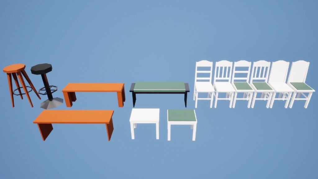 Auswahl an Low-Poly-Sitzmöbeln aus dem Küchen-Asset-Pack. Gezeigt werden verschiedene Stühle, Bänke, Barhocker und kleine Tische.