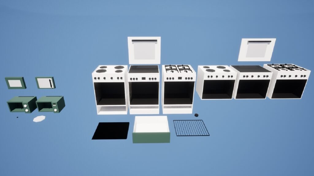 Auswahl an Low-Poly-Küchengeräten. Zeigt verschiedene Herde mit Elektro- und Gaskochfeld sowie Mikrowellen als 3D-Modelle für Spiele.