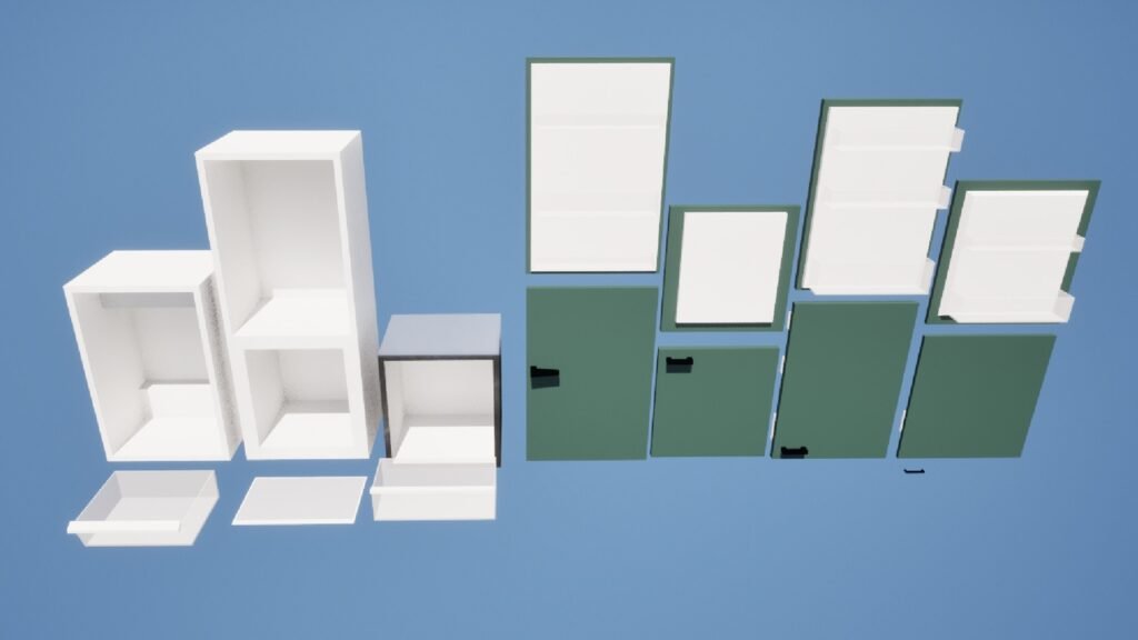 Modulare Low-Poly-Hängeschränke für Küchen. Zeigt verschiedene Schrank-Module sowie massive und gläserne Türen als 3D-Modelle.