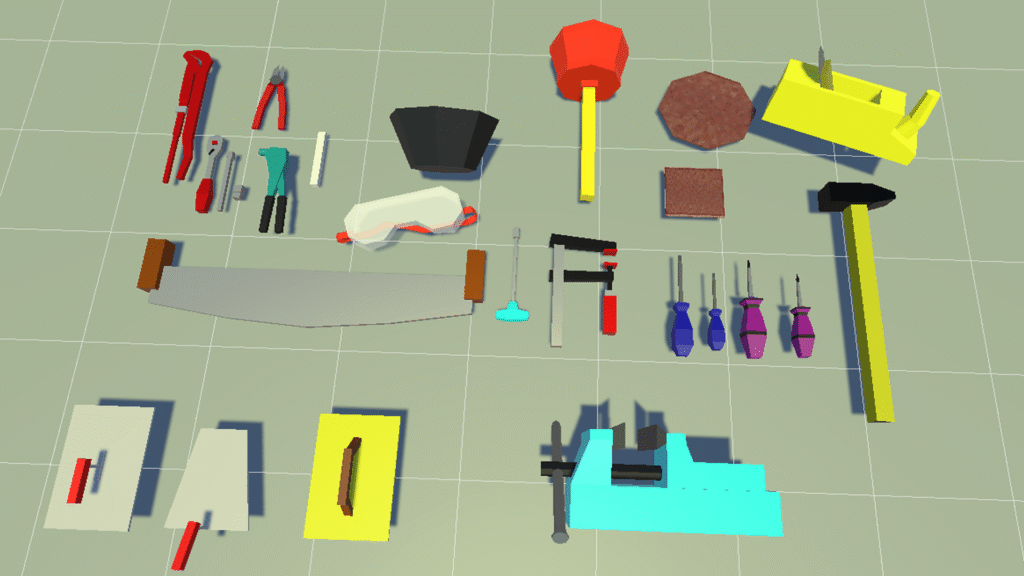 Sammlung von Low Poly Handwerkzeugen wie Schraubendreher, Säge, Hobel, Schraubenschlüssel, Zangen und Hammer – Game Ready Modelle für Werkstatt- und Crafting-Spiele.