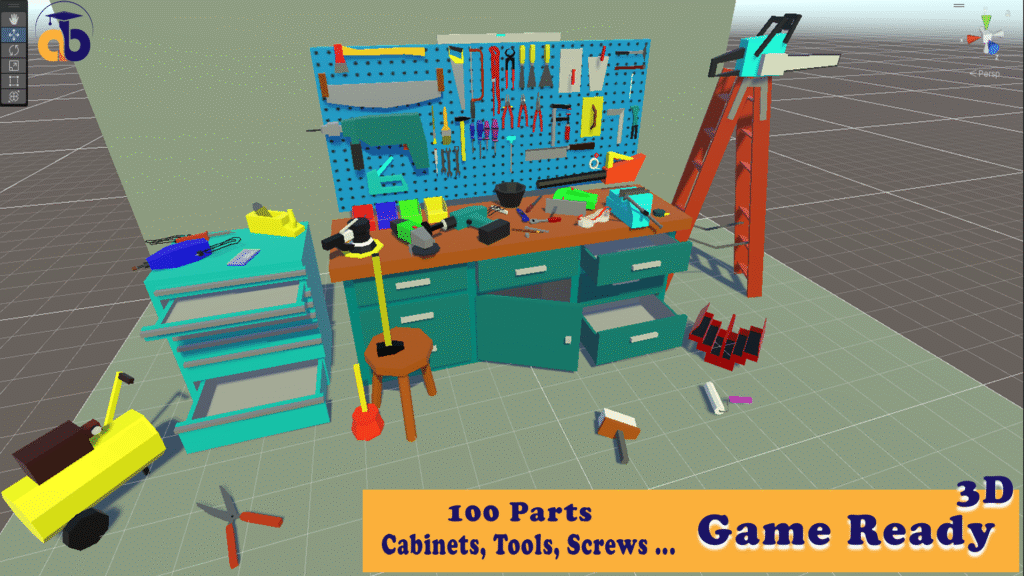 Low Poly Werkstatt-Szene mit Werkbank, Werkzeugwand, Schränken, Leitern und Werkzeugen – Teil der Comprehensive Low Poly Toolset Collection, Game Ready Assets für Unity und Unreal.