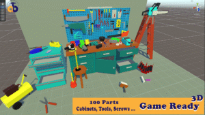 Low Poly Werkstatt-Szene mit Werkbank, Werkzeugwand, Schränken, Leitern und Werkzeugen – Teil der Comprehensive Low Poly Toolset Collection, Game Ready Assets für Unity und Unreal.