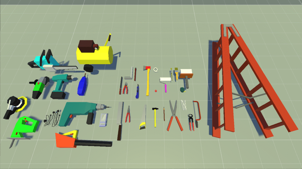 Übersicht von Low Poly Werkzeugen und Geräten wie Bohrmaschinen, Motorsäge, Leiter, Schraubenzieher und Zangen – 3D-Assets aus der Toolset Collection für Spieleentwicklung.