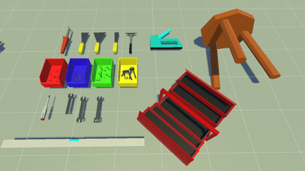 Low Poly Werkzeugzubehör wie bunte Schraubenboxen, Spachtel, Schraubenschlüssel, Schraubenzieher, Werkzeugkasten und Hocker – Game Ready Assets für Unity, Unreal und Blender.