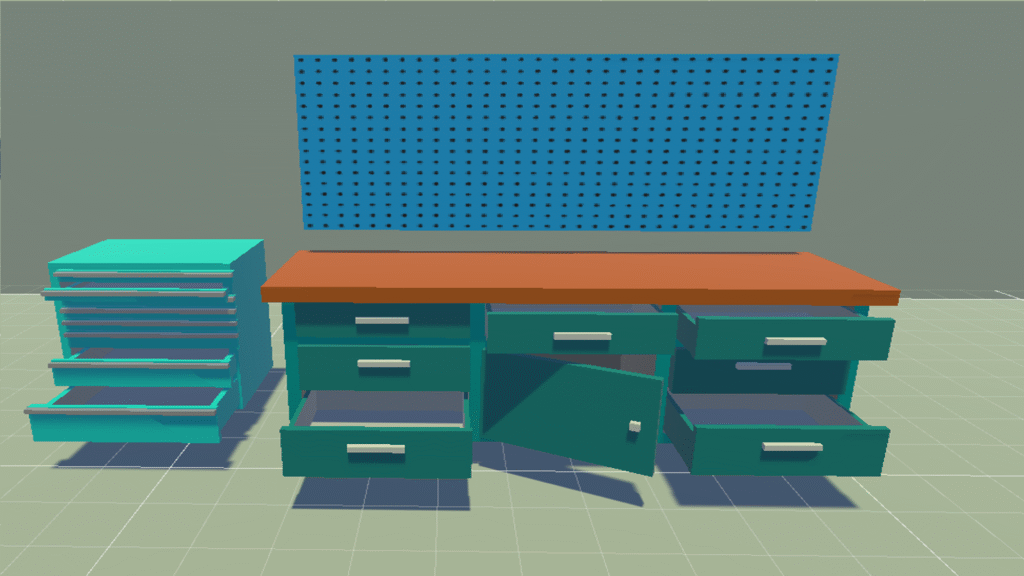 Low Poly Werkbank mit geöffneten Schubladen, Werkzeugschrank und Werkzeugwand – Teil der Comprehensive Low Poly Toolset Collection für Spielumgebungen.