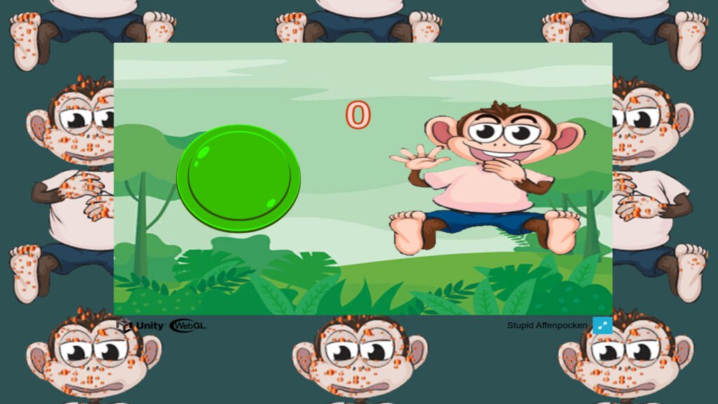 Comic-Affe mit großen Augen und Zahl auf dem Bauch neben einem grünen Knopf – Coverbild des lustigen Browsergames „Stupid Affenpocken“, einem satirischen Reflexspiel von academyBlue.