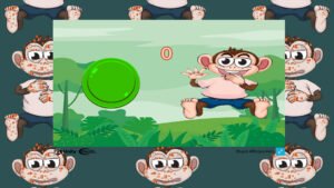 Comic-Affe mit großen Augen und Zahl auf dem Bauch neben einem grünen Knopf – Coverbild des lustigen Browsergames „Stupid Affenpocken“, einem satirischen Reflexspiel von academyBlue.