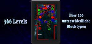 Coverbild von Stupid Ball 1984 – zeigt ein mobiles Arcade-Spielfeld mit Paddle unten, bunten Blöcken im Level und den Schriftzügen „366 Levels“ und „Über 200 unterschiedliche Blocktypen“