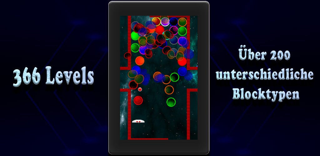 Coverbild von Stupid Ball 1984 – zeigt ein mobiles Arcade-Spielfeld mit Paddle unten, bunten Blöcken im Level und den Schriftzügen „366 Levels“ und „Über 200 unterschiedliche Blocktypen“