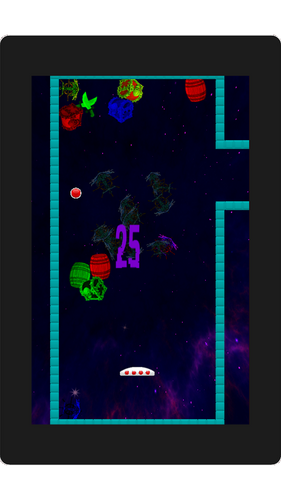 Screenshot aus Stupid Ball 1984 – Paddle steuert Ball durch Level mit bunten Blöcken und Anzeige der Punktezahl.
