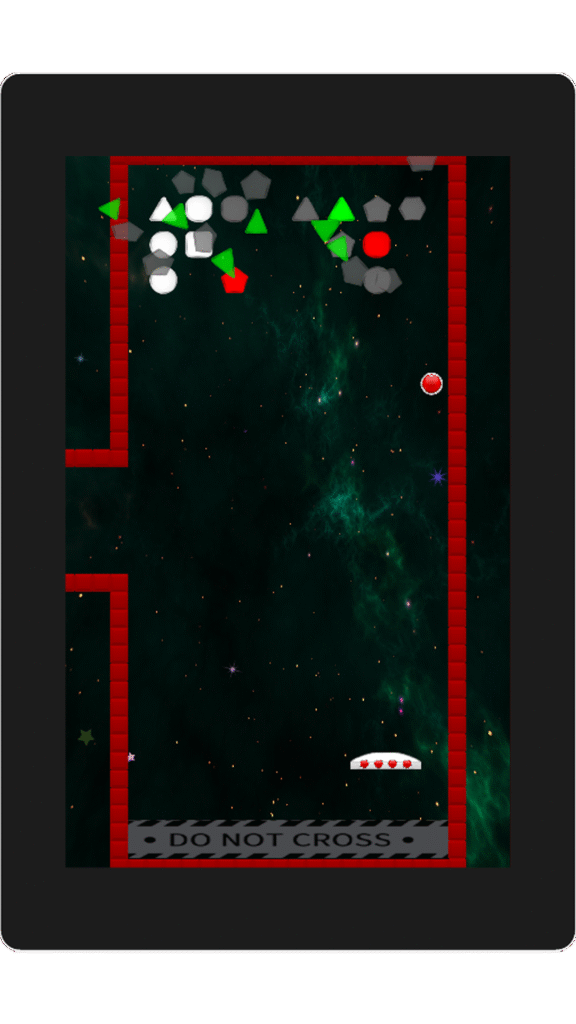 Screenshot aus Stupid Ball 1984 – Paddle am unteren Bildschirmrand, Ball zerstört verschiedenfarbige Blöcke im Level.