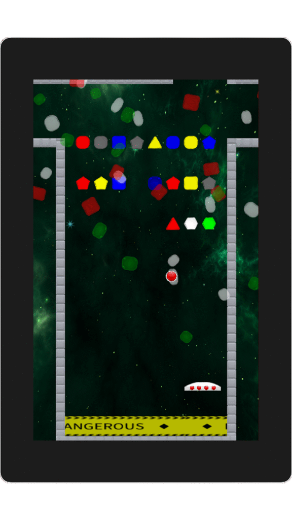 Screenshot aus Stupid Ball 1984 – Paddle und Ball im Arcade-Level mit bunten Blöcken und Warnzone „Dangerous“