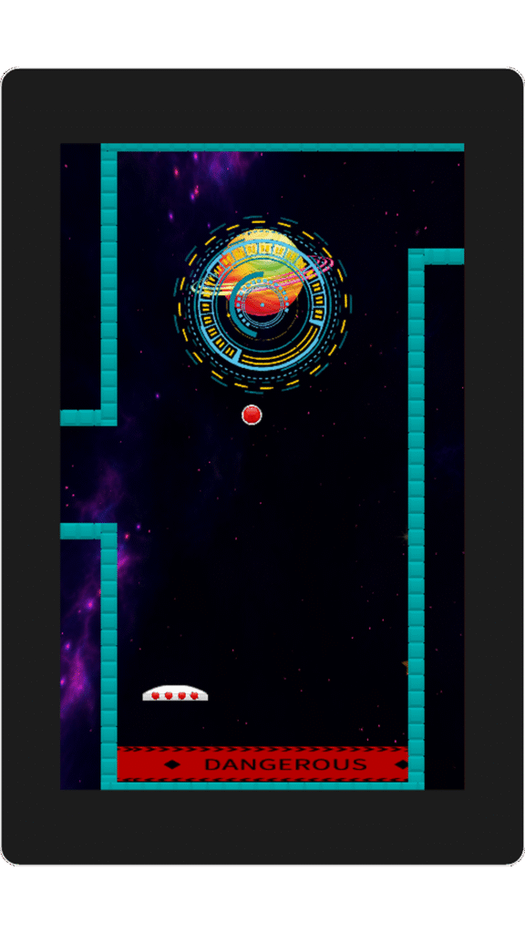 Screenshot aus Stupid Ball 1984 – Paddle am unteren Rand, Ball trifft auf spezielles Boss-Level-Symbol im Weltraum.