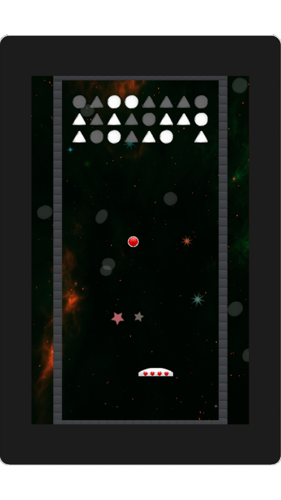 Screenshot aus Stupid Ball 1984 – Paddle steuert Ball gegen geometrische Blockreihen im Level.