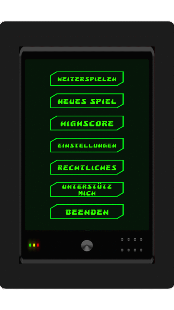 Screenshot aus Stupid Ball 1984 – Hauptmenü im Retro-Stil mit Optionen wie Neues Spiel, Highscore und Einstellungen.