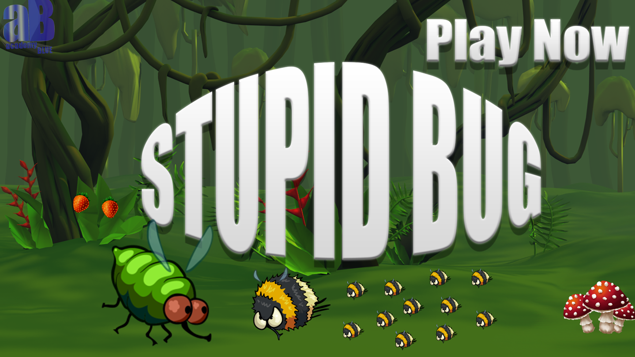 Coverbild von Stupid Bug – Cartoon-Fliege im Dschungel neben Hummeln, Früchten und Pilzen. Großes Logo „STUPID BUG“ mit Hinweis „Play Now“.