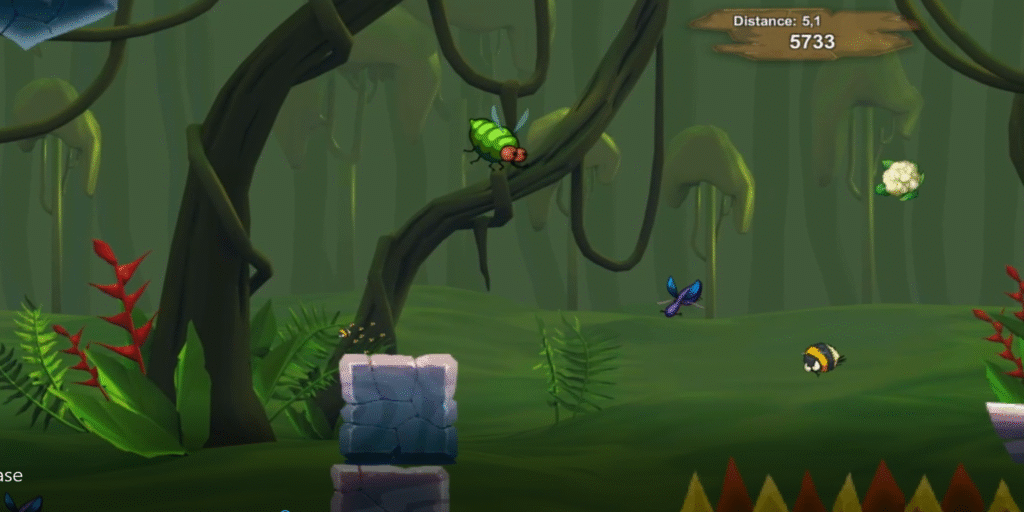 Screenshot von Stupid Bug: Fliege im Dschungel, Konfrontation mit Hindernissen, Bienen und einer gefährlichen Spielumgebung.