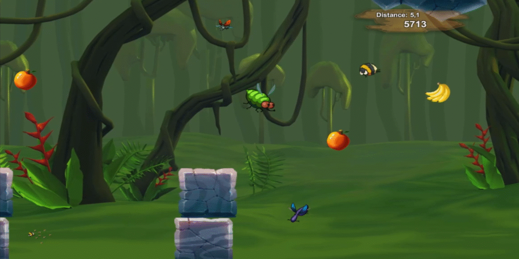 Screenshot von Stupid Bug: Fliege bewegt sich durch den Dschungel, sammelt Früchte ein und muss Hindernissen und Insekten ausweichen.