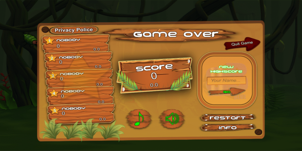 Screenshot des Game Over Screens von Stupid Bug mit Score-Anzeige, Highscoreliste und Buttons für Neustart und Einstellungen.