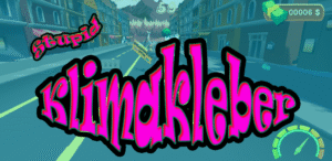 Titelgrafik von Stupid Klimakleber mit pinkem Schriftzug „Klimakleber“ und Truck im Hintergrund.