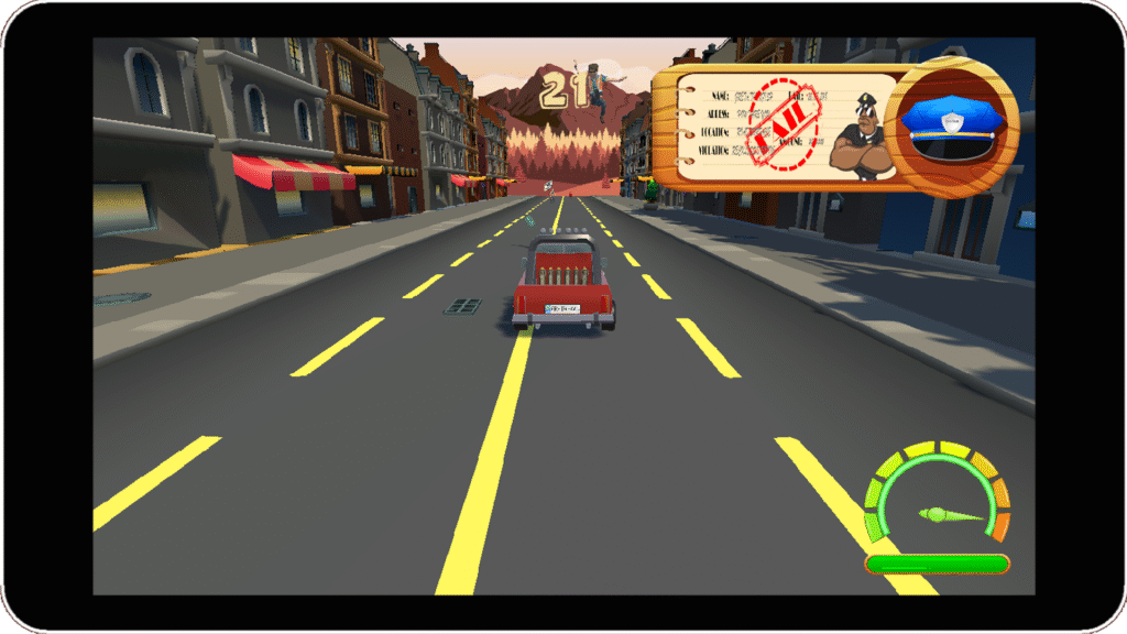 Screenshot aus Stupid Klimakleber – roter Truck auf Straße, oben rechts ein „FAIL“-Screen mit Polizist.