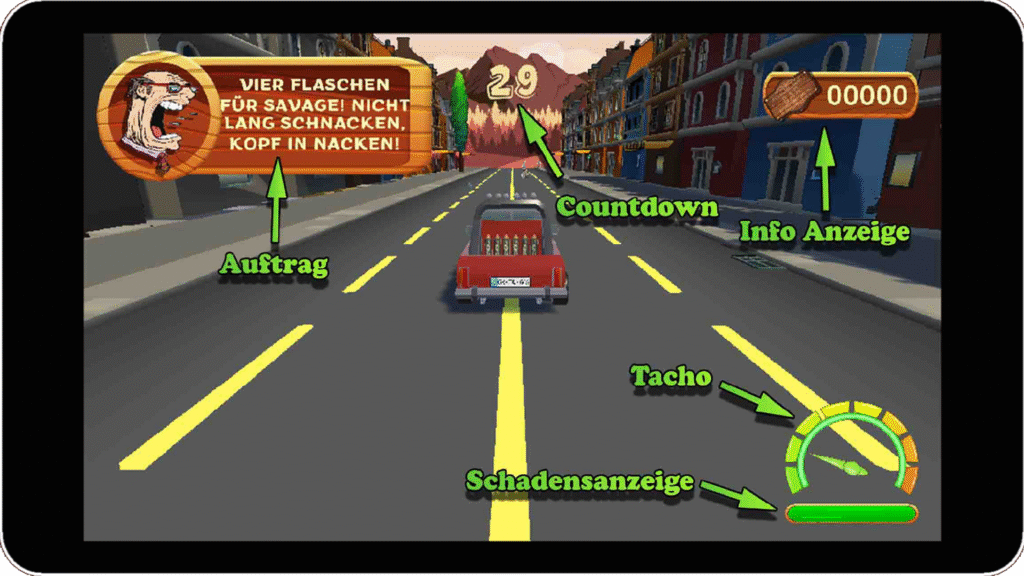 Stupid Klimakleber Screenshot mit Truck und eingeblendeten Erklärungen für HUD-Elemente.