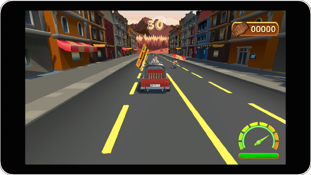 Screenshot aus Stupid Klimakleber – Truck fährt durch Stadt, Demonstranten blockieren die Straße.