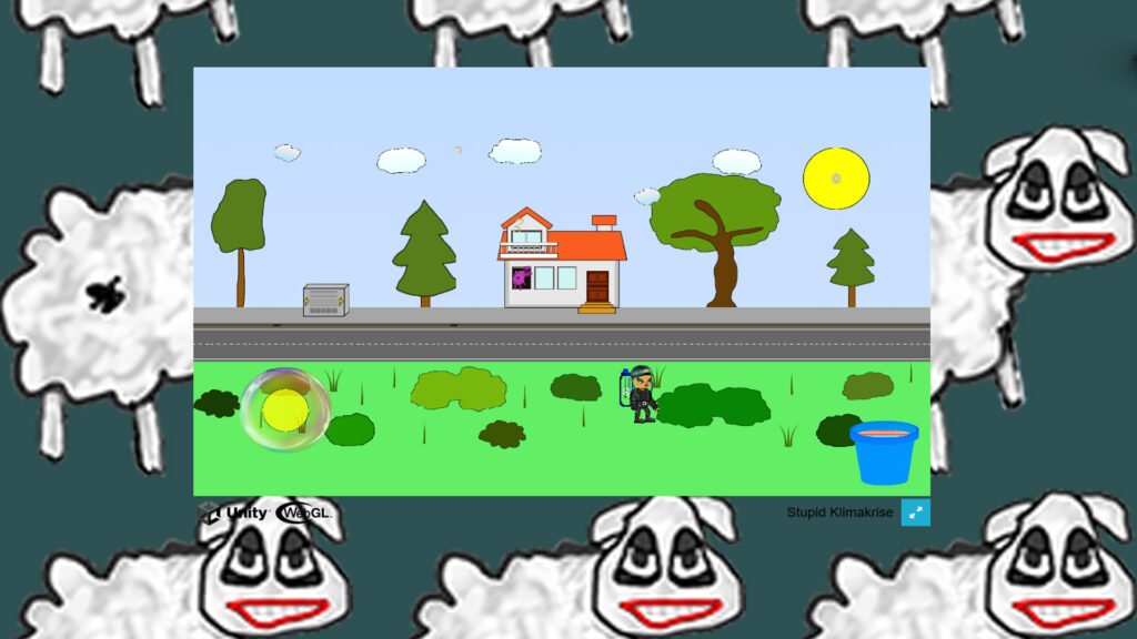 Hauptbild aus dem Browsergame Stupid Klimakrise – Greta sammelt CO2-Blasen in einer verrückten Cartoon-Umgebung.