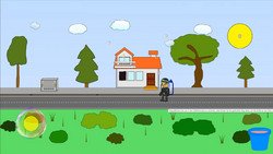 Screenshot aus Stupid Klimakrise – Spielfigur Greta läuft über eine Wiese und weicht CO2-Blasen aus.