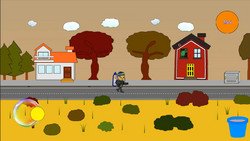 Screenshot aus Stupid Klimakrise mit herbstlichem Hintergrund, CO2-Blasen und Spielfigur Greta.