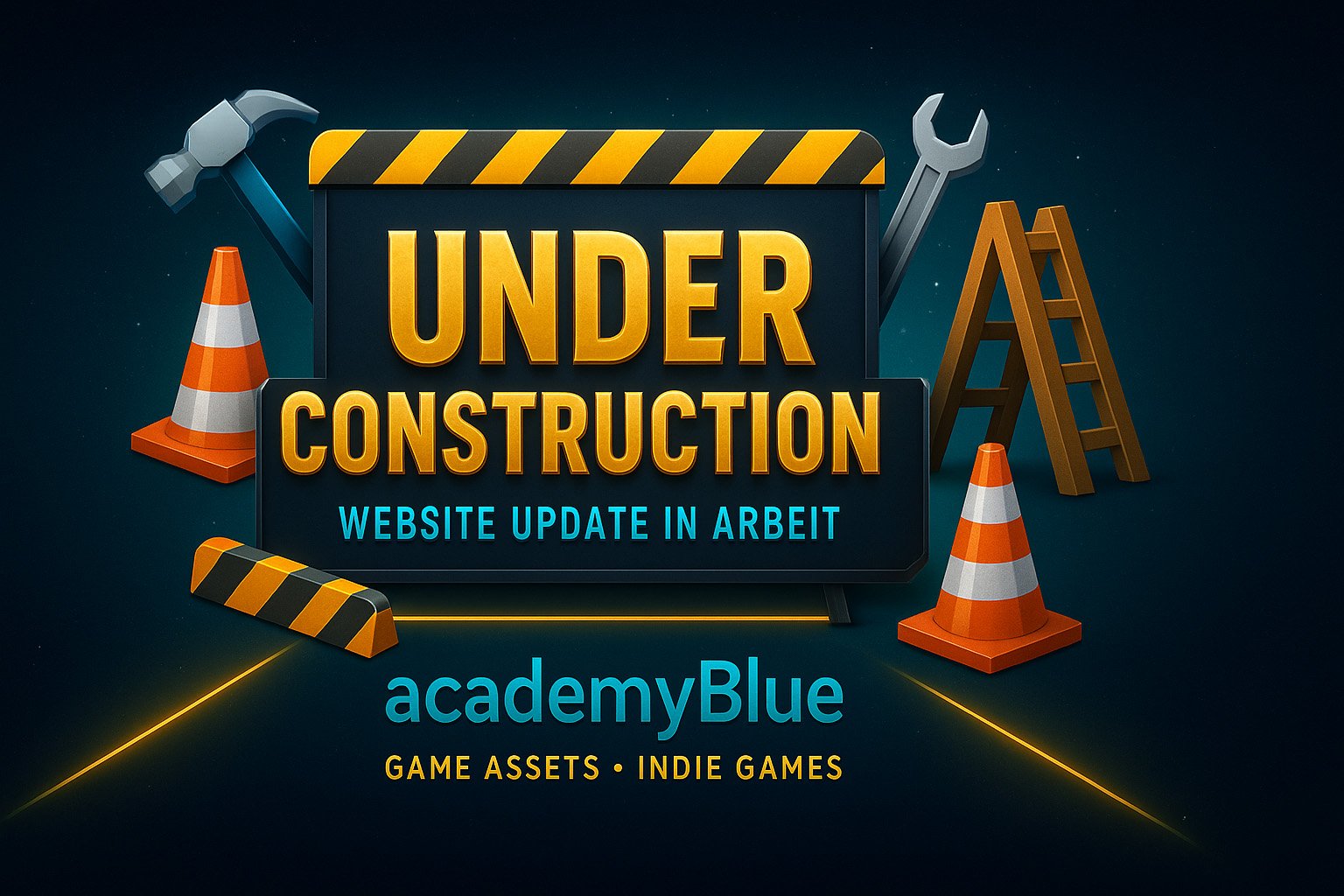 Under-Construction-Grafik im academyBlue-Stil mit großem Schriftzug „UNDER CONSTRUCTION“, Warnstreifen, Werkzeugsymbol und dezentem Logo auf dunklem Grün.