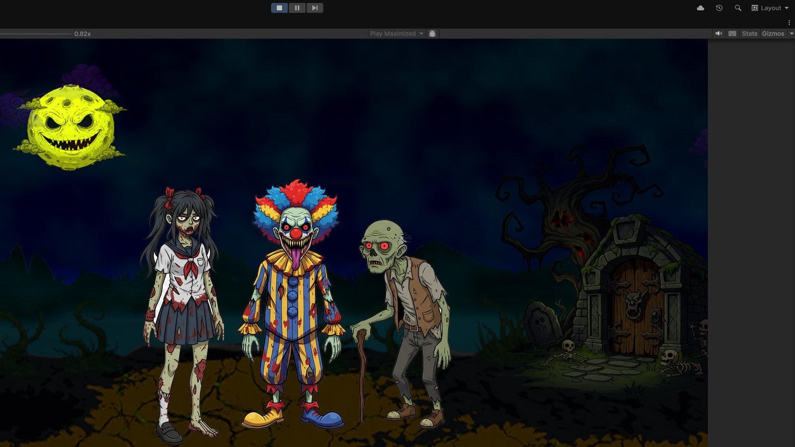 WIP-Bild eines Cartoon-Zombie-Shooters: drei Zombies vor nächtlichem Friedhof, grinsender Mond, Spukbaum und Krypta im Hintergrund.